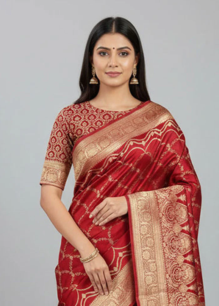 Maroon Banarasi Silk Saree With Blouse Piece - Image 2