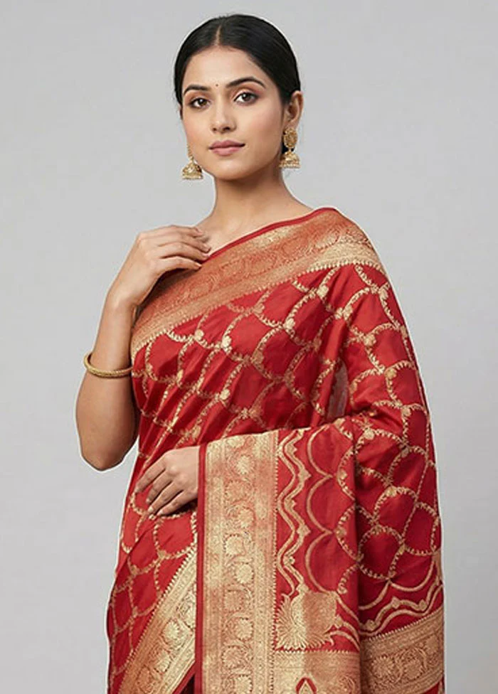 Maroon Banarasi Silk Saree With Blouse Piece - Image 2
