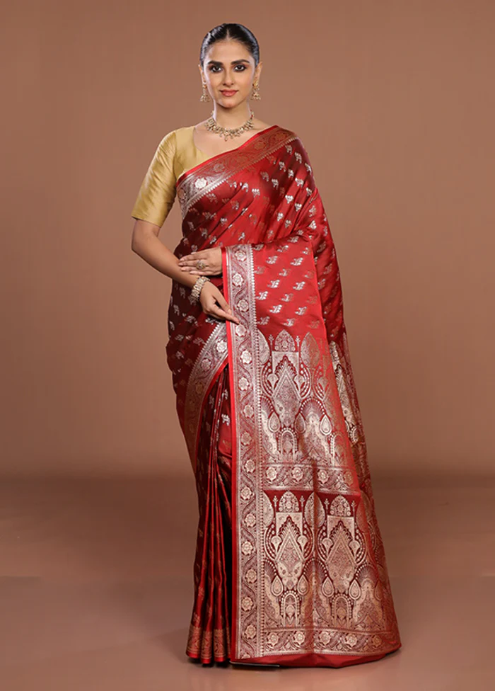 Maroon Banarasi Silk Saree With Blouse Piece - Image 2