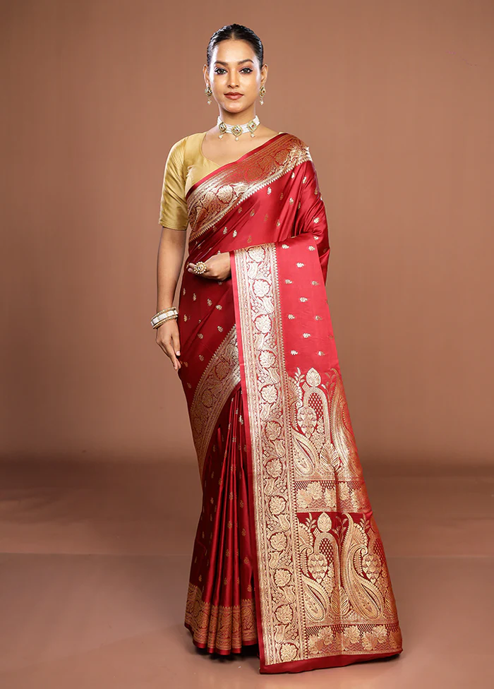 Maroon Banarasi Silk Saree With Blouse Piece - Image 2