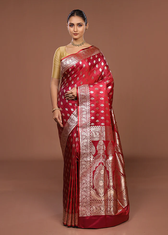 Maroon Banarasi Silk Saree With Blouse Piece - Image 2