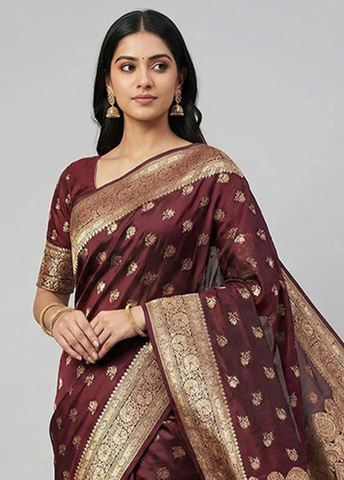 Maroon Banarasi Silk Saree With Blouse Piece - Image 2