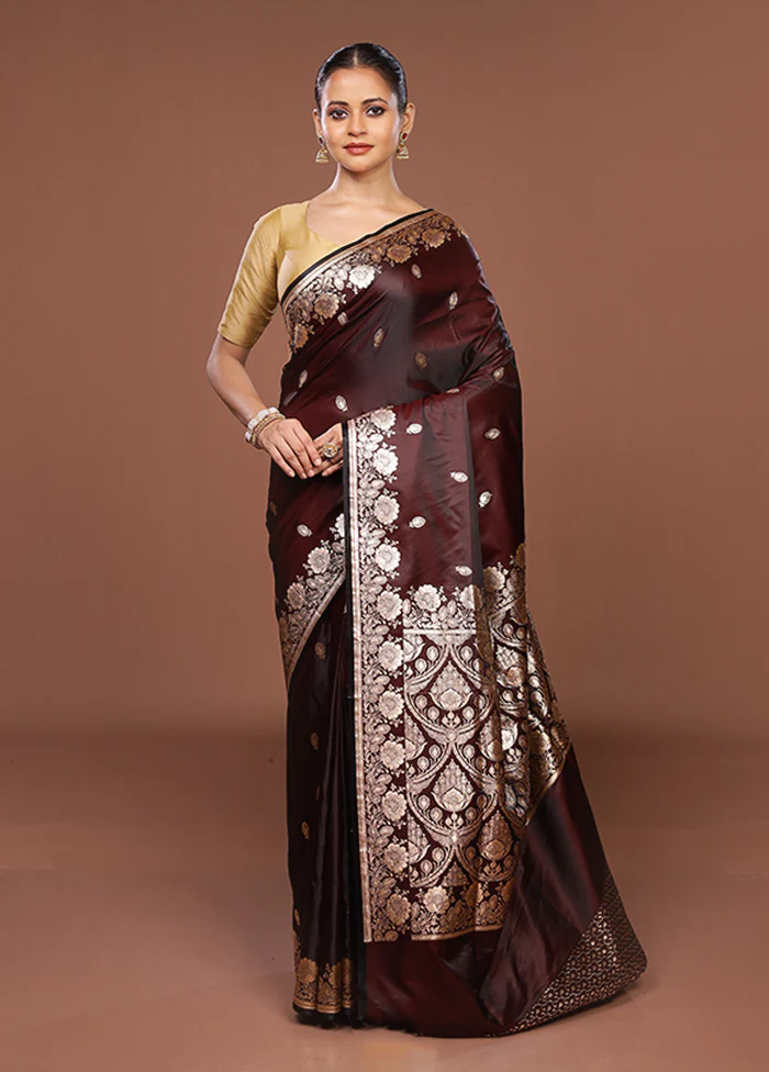 Maroon Banarasi Silk Saree With Blouse Piece - Image 2