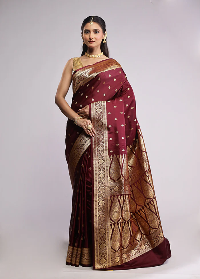 Maroon Banarasi Silk Saree With Blouse Piece - Image 2