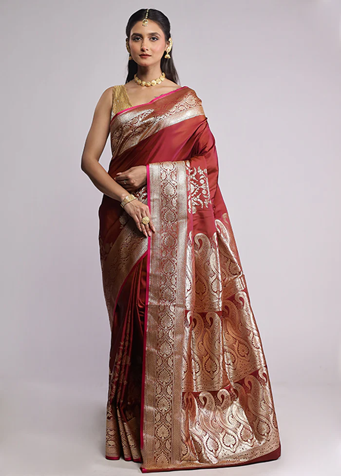 Maroon Banarasi Silk Saree With Blouse Piece - Image 2