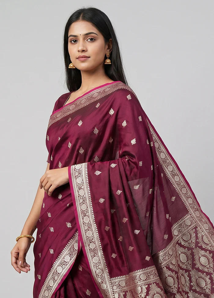 Maroon Banarasi Silk Saree With Blouse Piece - Image 2