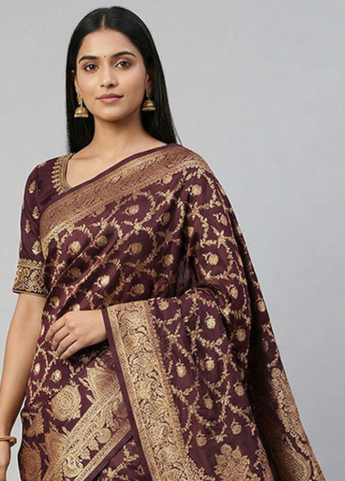 Maroon Banarasi Silk Saree With Blouse Piece - Image 2