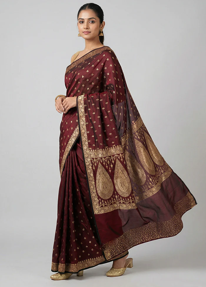Maroon Banarasi Silk Saree With Blouse Piece