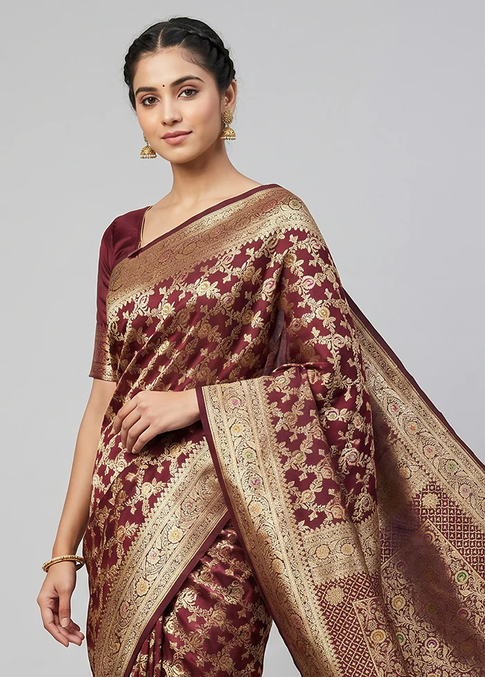 Maroon Banarasi Silk Saree With Blouse Piece - Image 2