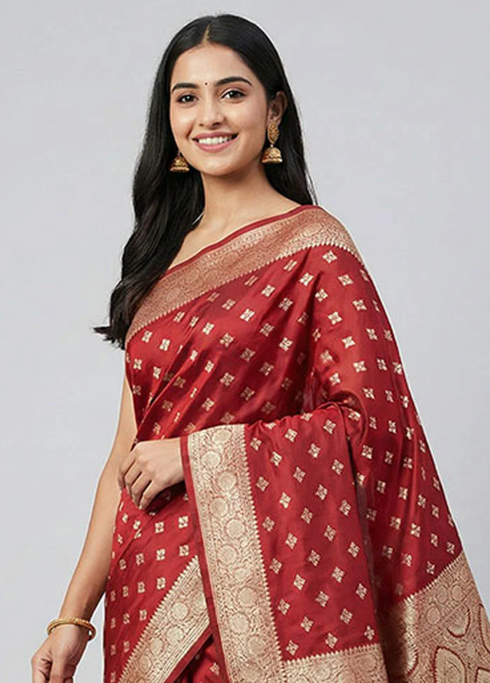Maroon Banarasi Silk Saree With Blouse Piece - Image 2