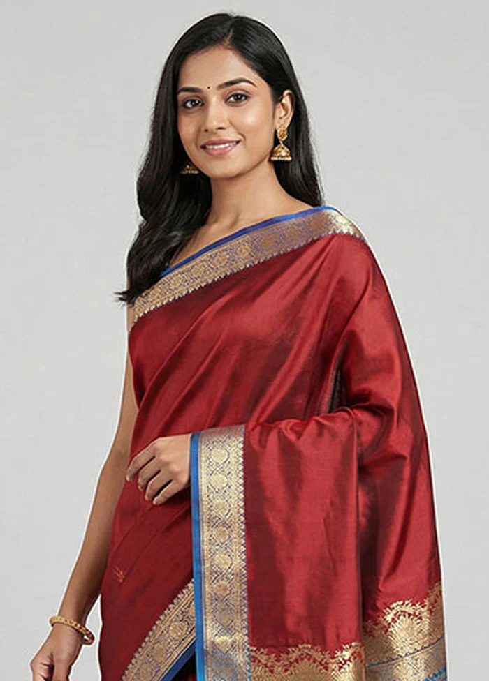 Maroon Banarasi Silk Saree With Blouse Piece - Image 2