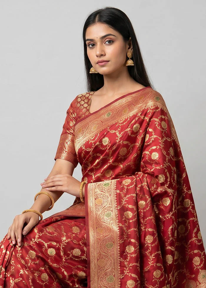 Maroon Banarasi Silk Saree With Blouse Piece - Image 2