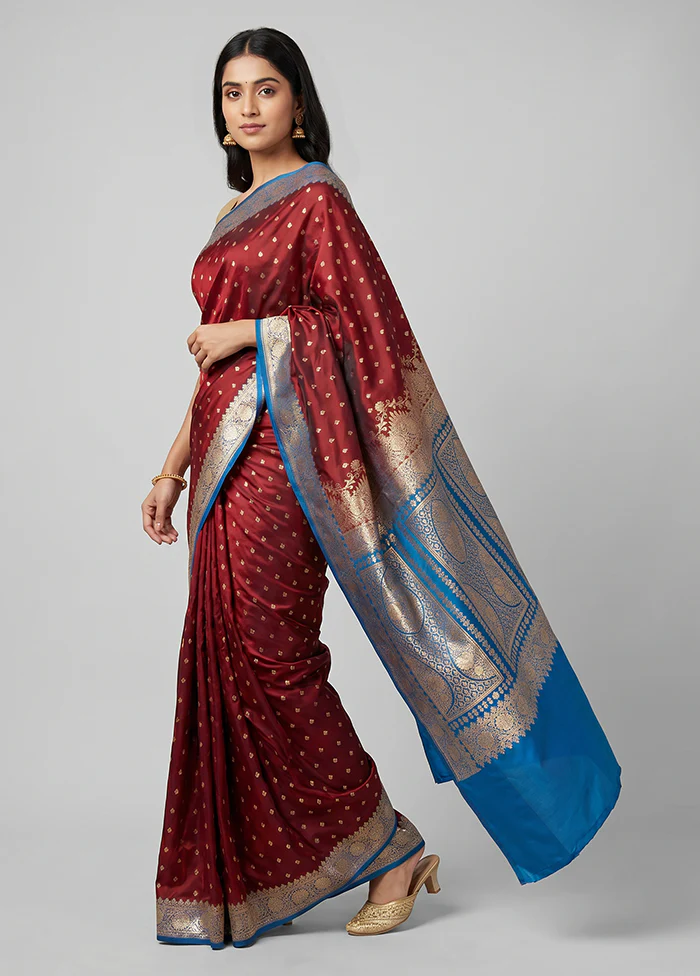 Maroon Banarasi Silk Saree With Blouse Piece