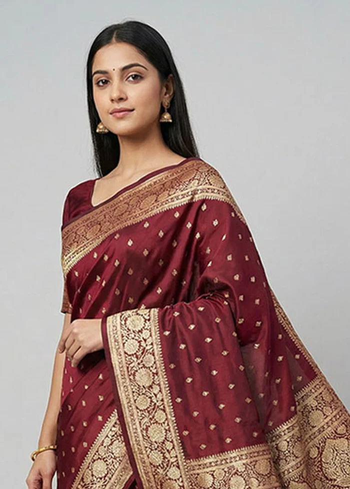 Maroon Banarasi Silk Saree With Blouse Piece - Image 2