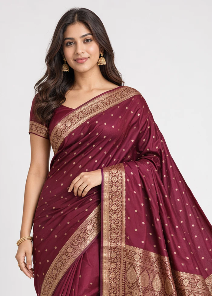 Maroon Banarasi Silk Saree With Blouse Piece - Image 2