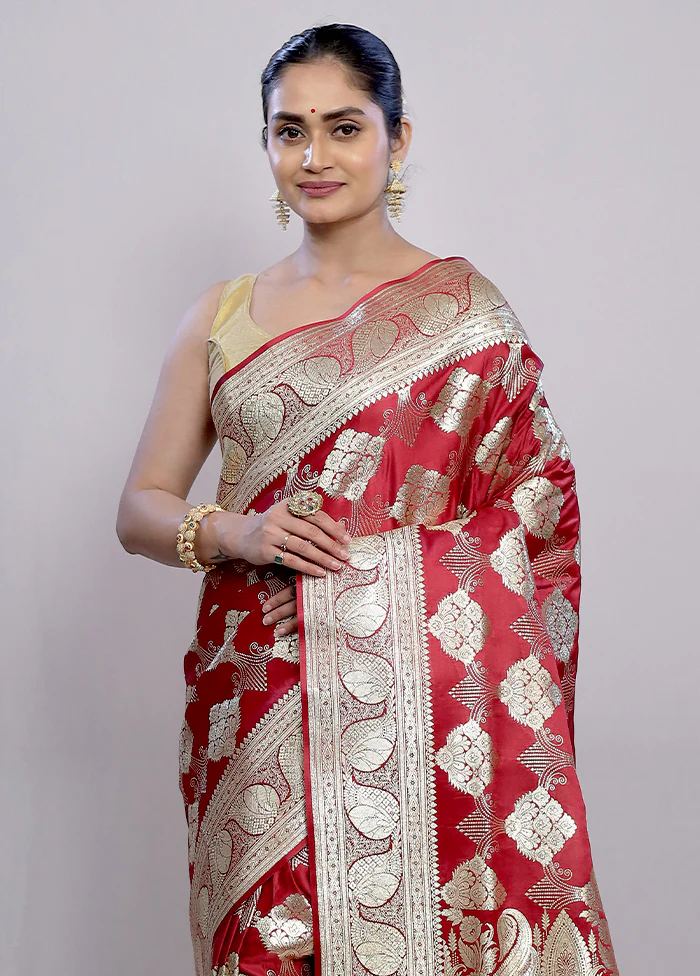Maroon Banarasi Silk Saree With Blouse Piece