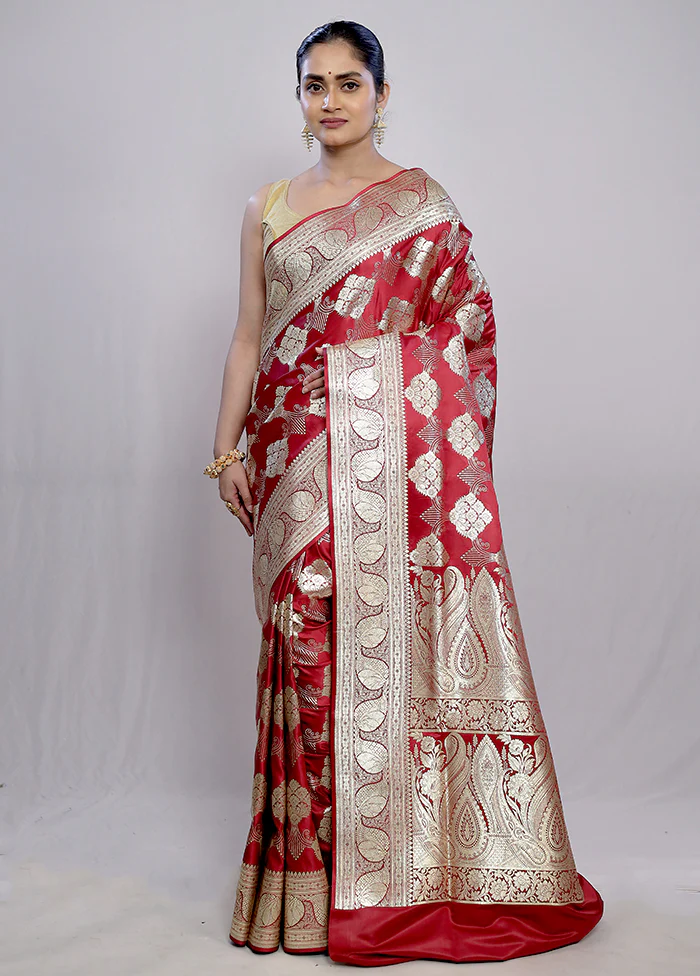 Maroon Banarasi Silk Saree With Blouse Piece - Image 2