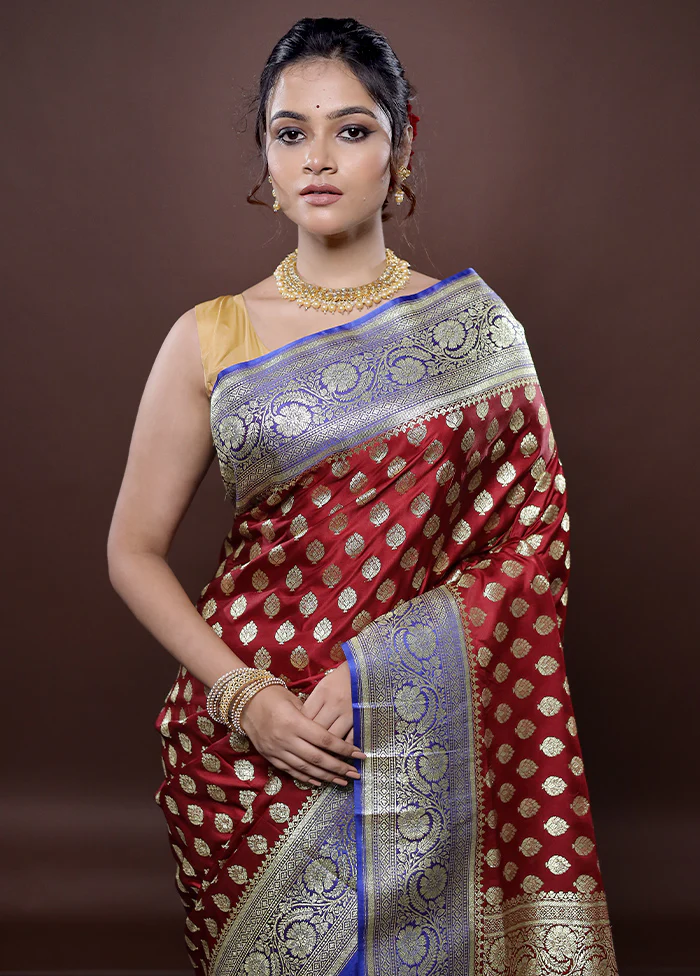 Maroon Banarasi Silk Saree With Blouse Piece