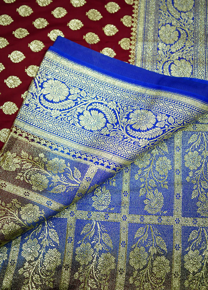 Maroon Banarasi Silk Saree With Blouse Piece - Image 2