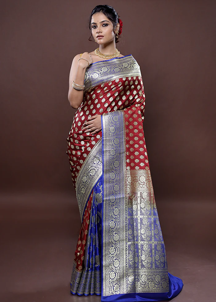 Maroon Banarasi Silk Saree With Blouse Piece - Image 3
