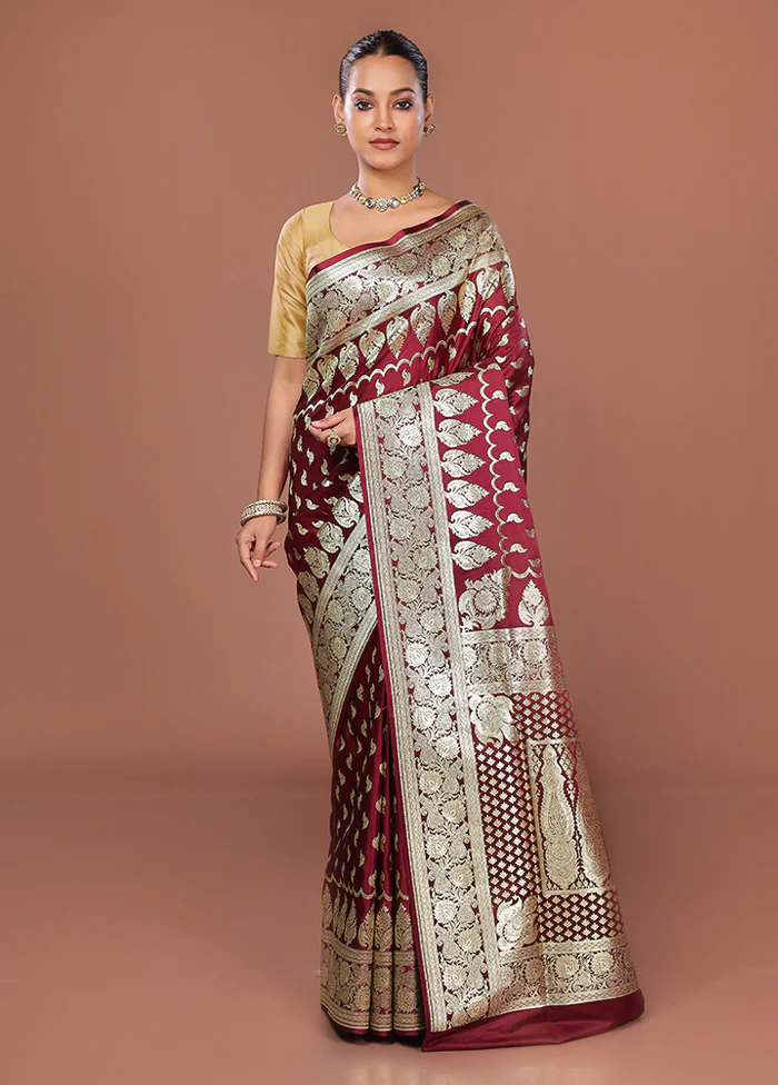 Maroon Banarasi Silk Saree With Blouse Piece - Image 2