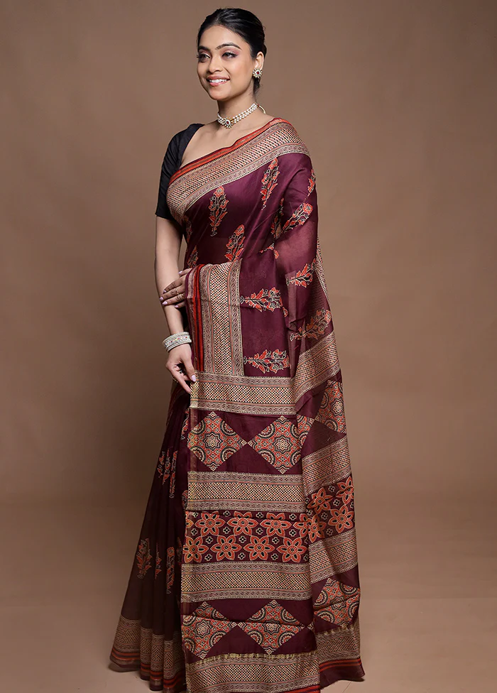 Maroon Chanderi Cotton Saree With Blouse Piece - Image 4