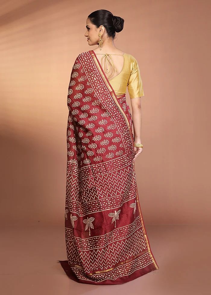 Maroon Chanderi Cotton Saree With Blouse Piece - Image 3