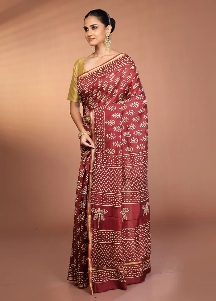 Maroon Chanderi Cotton Saree With Blouse Piece - Image 4