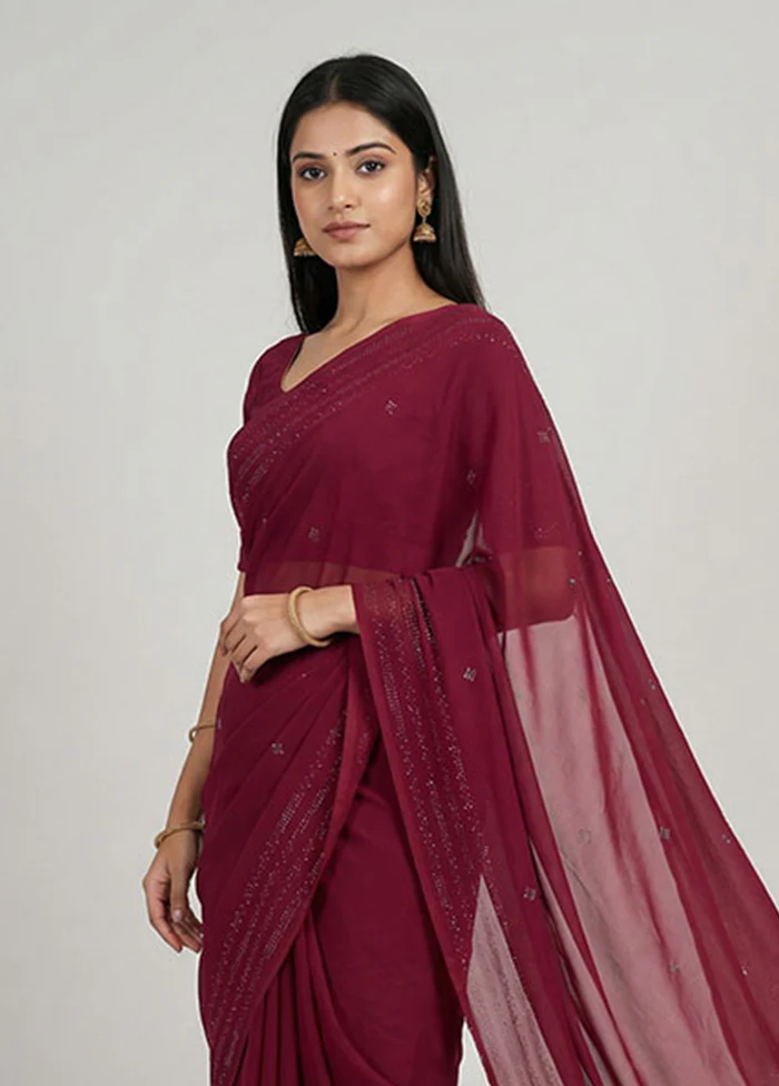 Maroon Chiffon Silk Saree With Blouse Piece - Image 2
