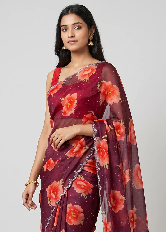 Maroon Chiffon Silk Saree With Blouse Piece - Image 2