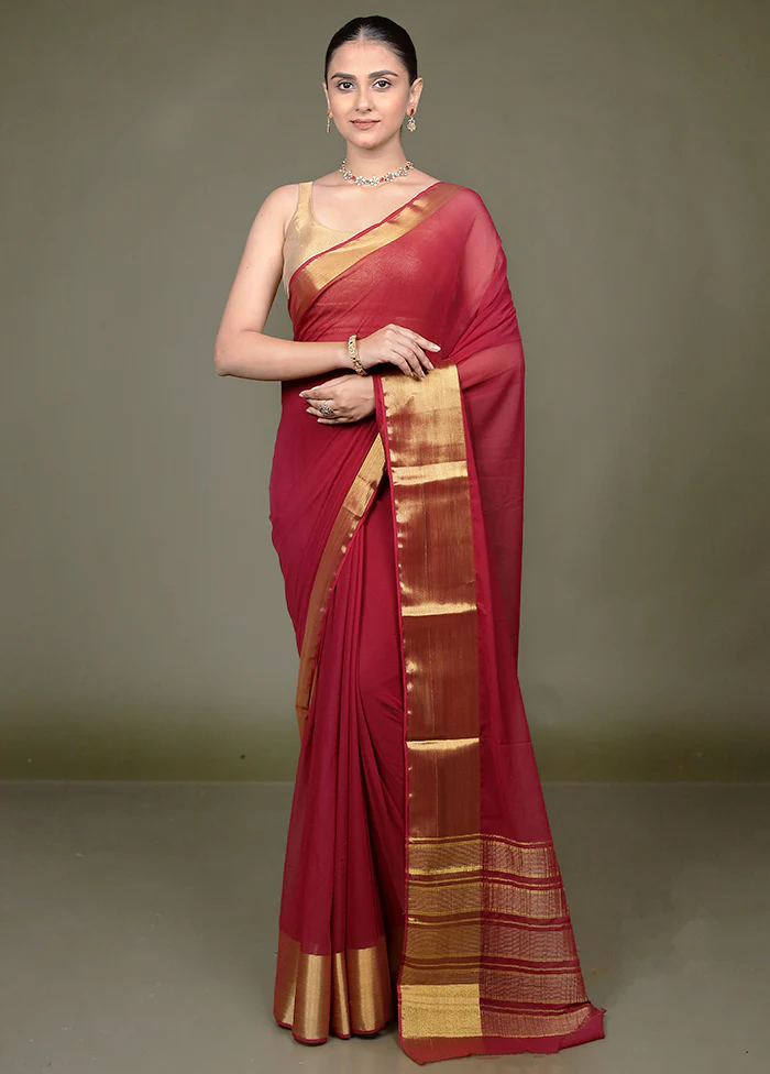 Maroon Chiffon Silk Saree With Blouse Piece - Image 2