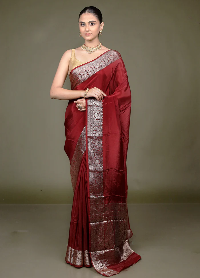 Maroon Chiffon Silk Saree With Blouse Piece - Image 2