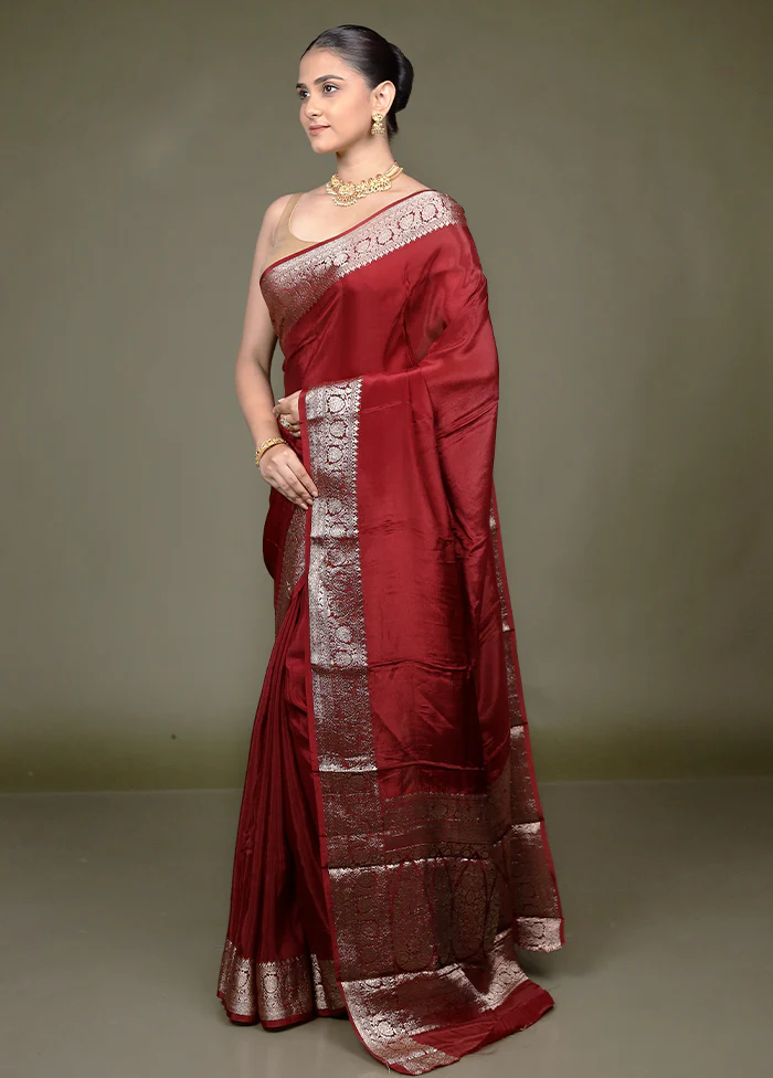 Maroon Chiffon Silk Saree With Blouse Piece - Image 4