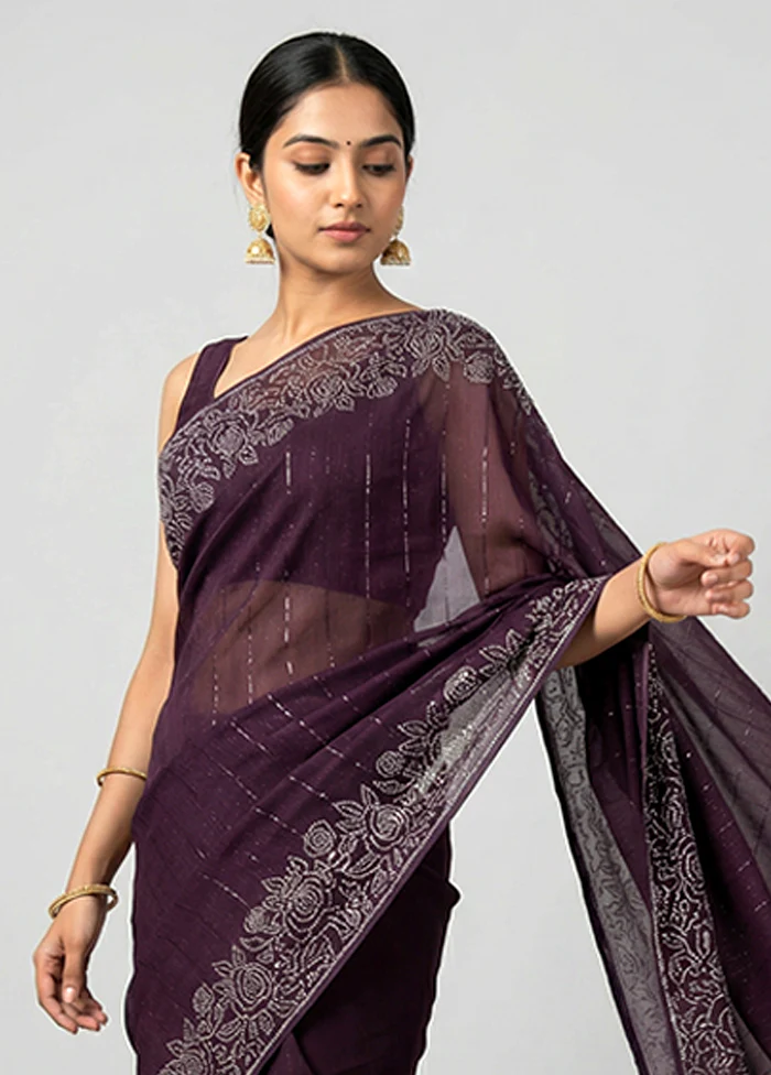 Maroon Chiffon Silk Saree With Blouse Piece - Image 2