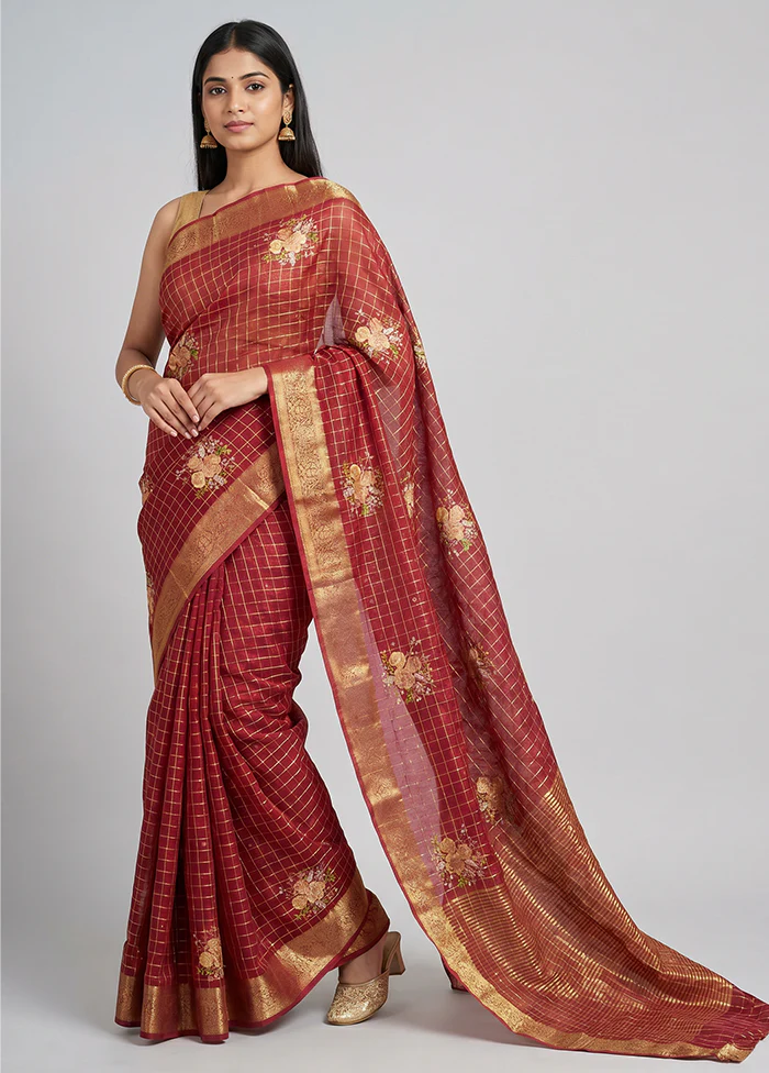 Maroon Chiffon Silk Saree With Blouse Piece