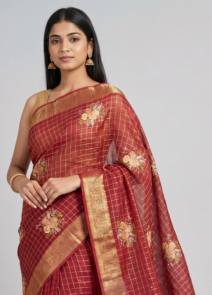 Maroon Chiffon Silk Saree With Blouse Piece - Image 2