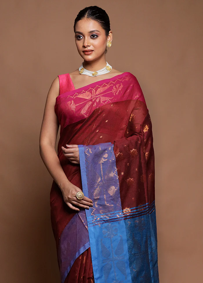 Maroon Cotton Saree With Blouse Piece - Image 2