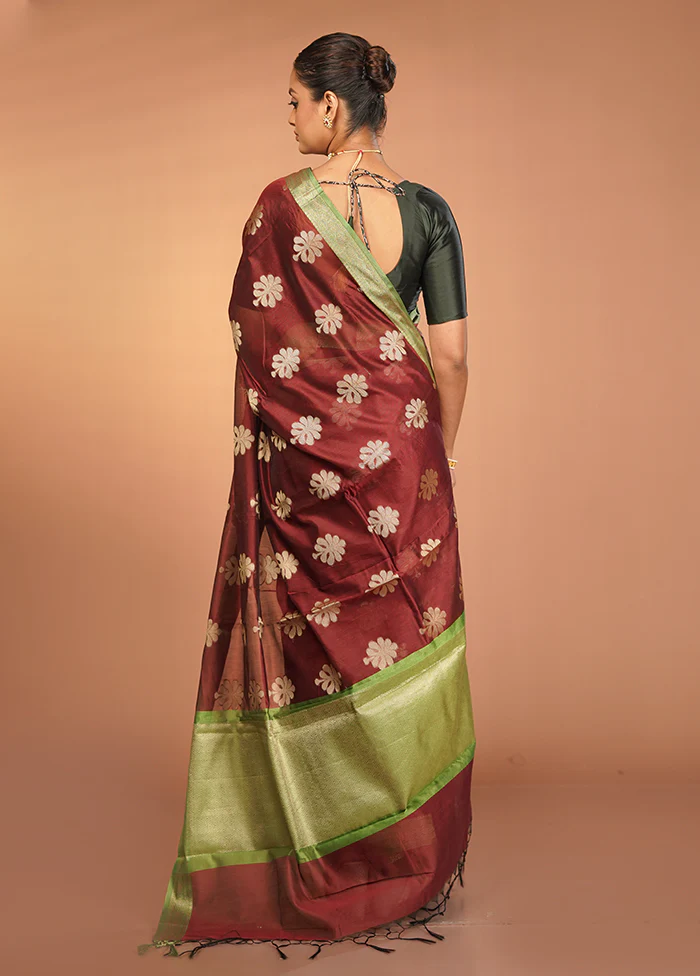 Maroon Cotton Saree With Blouse Piece - Image 3