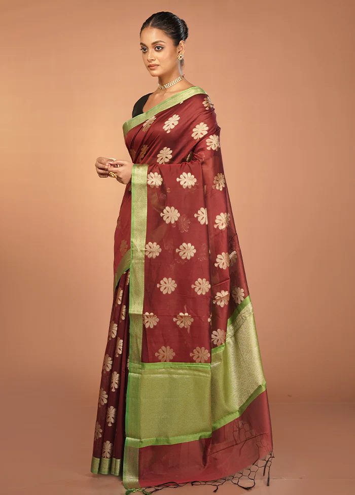 Maroon Cotton Saree With Blouse Piece - Image 4