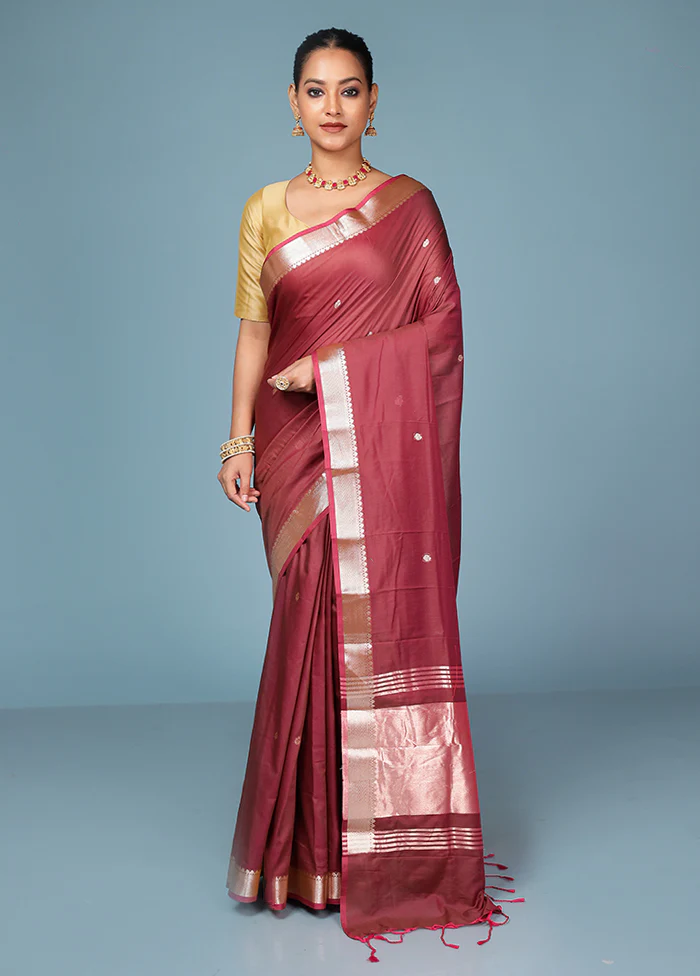 Maroon Cotton Saree With Blouse Piece - Image 2