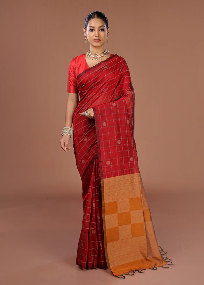 Maroon Cotton Saree With Blouse Piece - Image 2