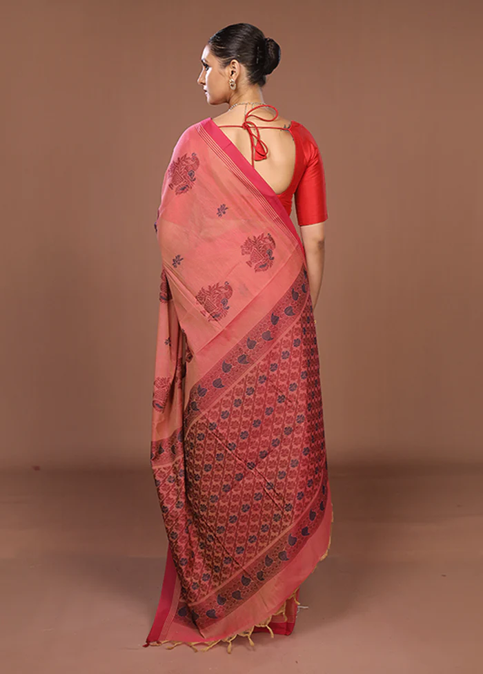 Maroon Cotton Saree With Blouse Piece - Image 3