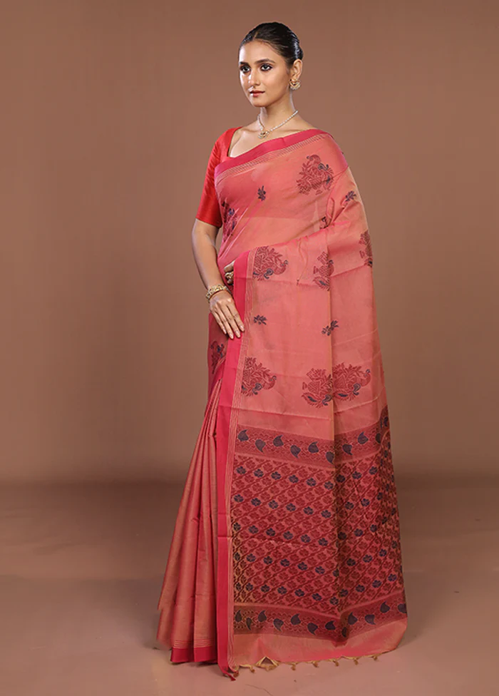Maroon Cotton Saree With Blouse Piece - Image 4