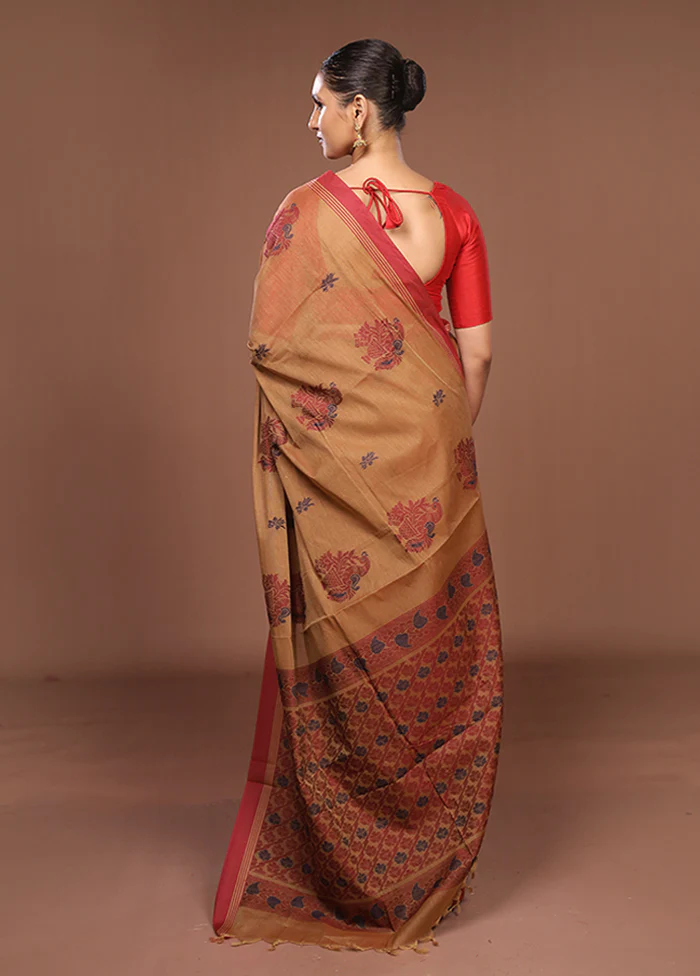 Maroon Cotton Saree With Blouse Piece - Image 3