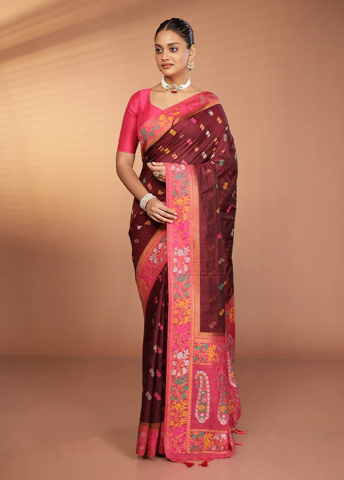 Maroon Dupion Silk Saree With Blouse Piece - Image 2