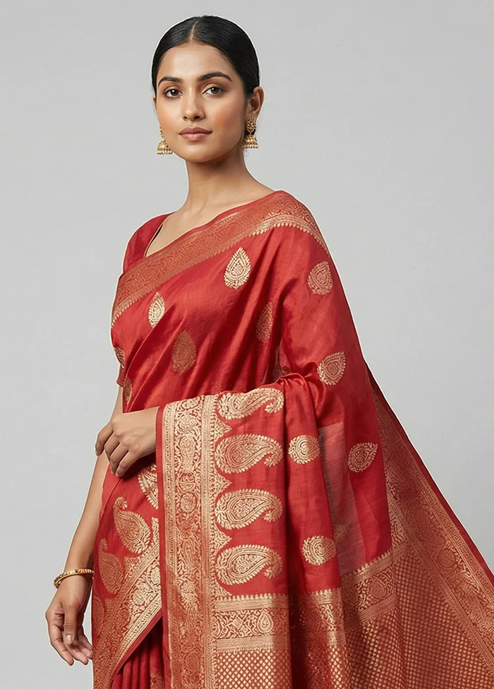 Maroon Dupion Silk Saree With Blouse Piece - Image 2
