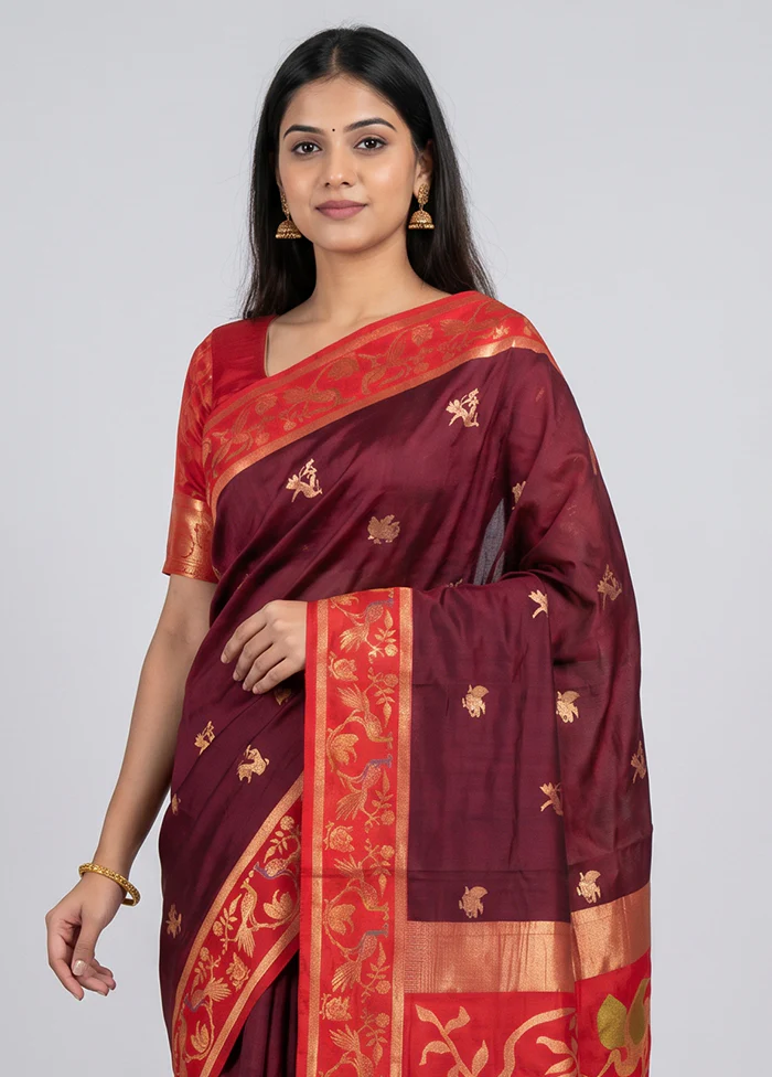 Maroon Dupion Silk Saree With Blouse Piece - Image 2