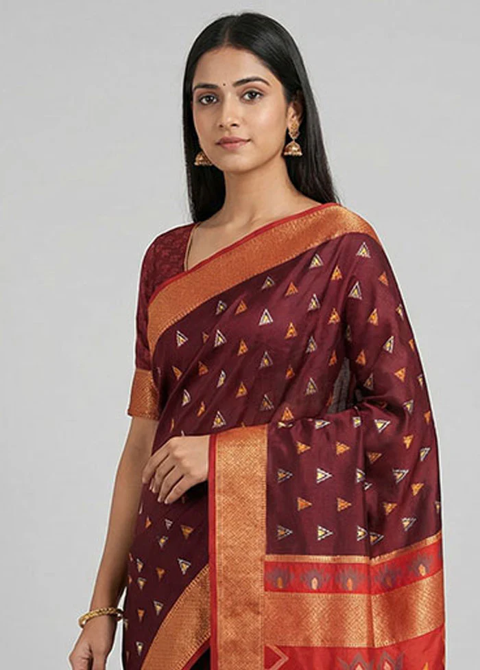 Maroon Dupion Silk Saree With Blouse Piece - Image 2
