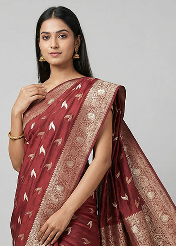 Maroon Dupion Silk Saree With Blouse Piece - Image 2