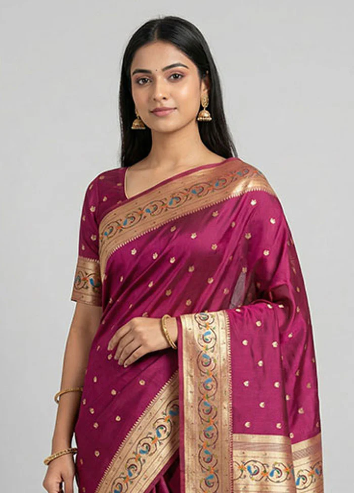 Maroon Dupion Silk Saree With Blouse Piece - Image 2